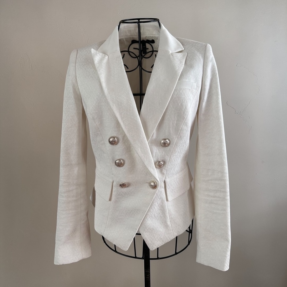 WHBM White Textured Double Breasted Blazer Silver Military Buttons Size 00